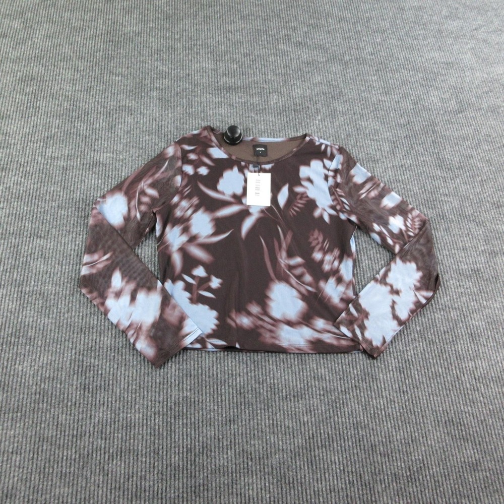 MYNTA Shirt Womens L Brown Blue Floral Jersey Long Sleeve Round Neck Stretch NWT